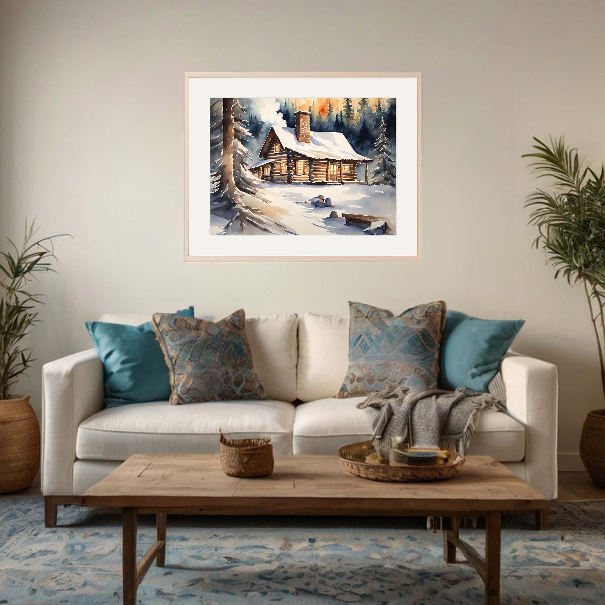 Log Cabin Snow Scene Watercolor Winter Landscape Art Print Idaho ...