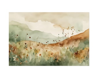 Rust and Sage Green Wildflowers Print #96, Watercolor Painting, Floral Art Print, Boho Flowers Wall Art, Horizontal Botanical Poster