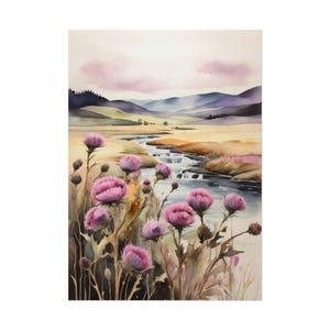 Purple Thistle Flowers a Scottish Countryside Painting, Wildflowers Stream Watercolor Print Floral Botanical Scotland Wall Art