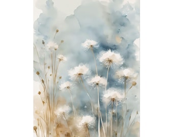 Blue Dandelion Print, Wildflowers Watercolor Painting, Floral Art Print Flowers Wall Art Botanical Poster - Dandelions #46