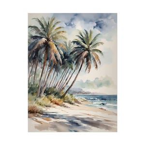 Palm Trees Watercolor Print, Coastal Beach Painting Art Poster, California Florida Ocean Wall Art
