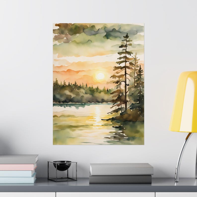 Sunrise Forest Lake Painting Neutral Landscape Michigan Art Print Pine ...