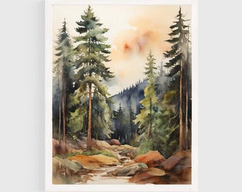 Pine Trees and Stream Forest Woodlands Print, Vermont Landscape Watercolor Painting Print Art Poster Wall Art