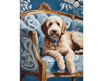Labradoodle Art Print, Blue Floral Chinoiserie Wall Art, Dog Lover Poster Unique Gift, Watercolor Painting, Home Decor, Maximalist