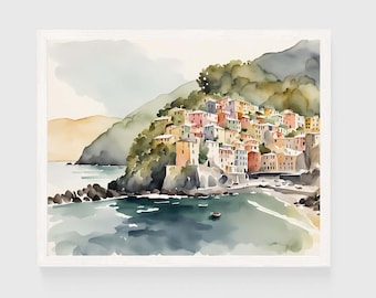 Monterosso Coast Italy, Cinque Terre Watercolor Painting Artwork Italian Cityscape Wall Art Poster