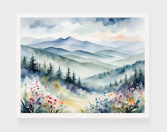 Pode incluir: Uma impressão de arte de parede retangular apresentando uma paisagem em aquarela de montanhas azuis em camadas sob um céu nublado. O primeiro plano exibe um prado de flores silvestres coloridas em tons de rosa, amarelo e roxo, diante de um bosque.