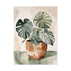 Monstera House Plant Terra Cotta Pot #NC3, Rust and Sage Green Southwestern Print, Watercolor Painting, Boho Wall Art