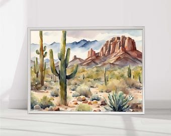 Desert Painting Arizona Watercolor Landscape Saguaro Desert Poster Arizona Wall Art