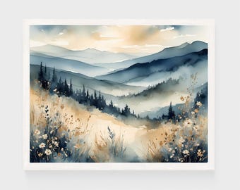 Smoky Mountains Neutral Watercolor Painting Appalachian Highlands Wildflowers Artwork Nature Wall Art North Carolina Tennessee Landscape