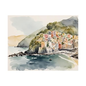 Monterosso Coast Italy, Cinque Terre Watercolor Painting Artwork Italian Cityscape Wall Art Poster