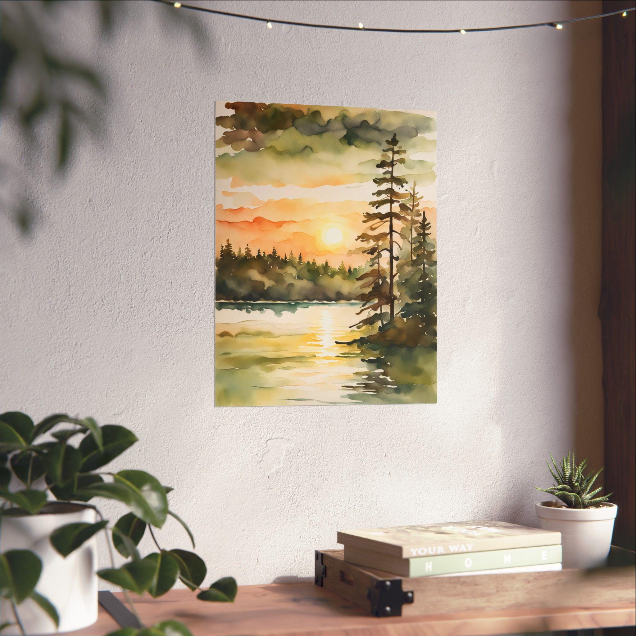 Sunrise Forest Lake Painting Neutral Landscape Michigan Art Print Pine ...