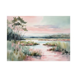 Pink Marsh Sunset Landscape, Wetlands Lowcountry Print, Coastal Watercolor Painting