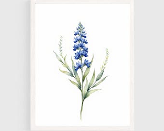 Texas Bluebonnet Flowers Painting, Minimalist State Flower Floral Botanical Wall Art, Elegant Bouquet Watercolor Print #NC4