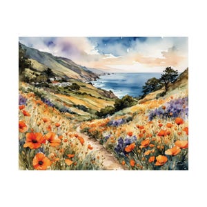 Impresión de amapolas en acuarela de Big Sur, California, arte mural costero, póster de amapolas de California - Amapolas de Big Sur n.° 8
