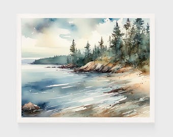 Maine Coast Painting Print NC7, Coastal Beach Watercolor Landscape, East Blue Hill Poster Pine Shoreline Wall Art