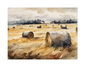 Country Field Haystack Painting, Rustic Watercolor Landscape Print, Autumn Countryside Farm Poster, Farmhouse Wall Decor