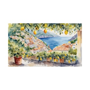 Positano Watercolor Painting Lemon Tree Artwork Narrow Italian Cityscape Long Horizontal Wall Art Amalfi Coast Poster Italy Art #201