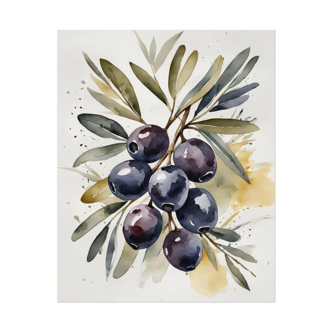 Black Olive Leaves Branch Watercolor Painting, Olive Tree Artwork ...