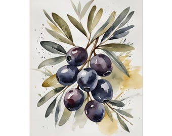 Black Olive Leaves Branch Watercolor Painting, Olive Tree Artwork Botanical Wall Art Farmhouse Wall Decor Kitchen PRINT