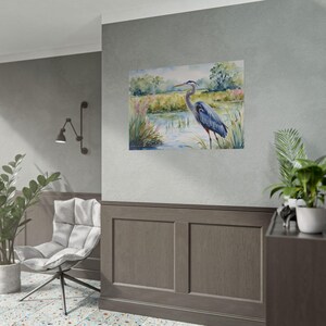 Blue Heron Wetlands Print, Marsh Watercolor Painting Art Print Spring Artwork, Floral Wall Art image 10