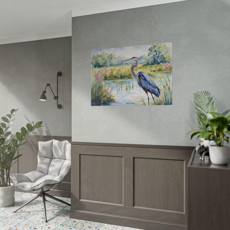 Blue Heron Wetlands Print, Marsh Watercolor Painting Art Print Spring Artwork, Floral Wall Art image 10