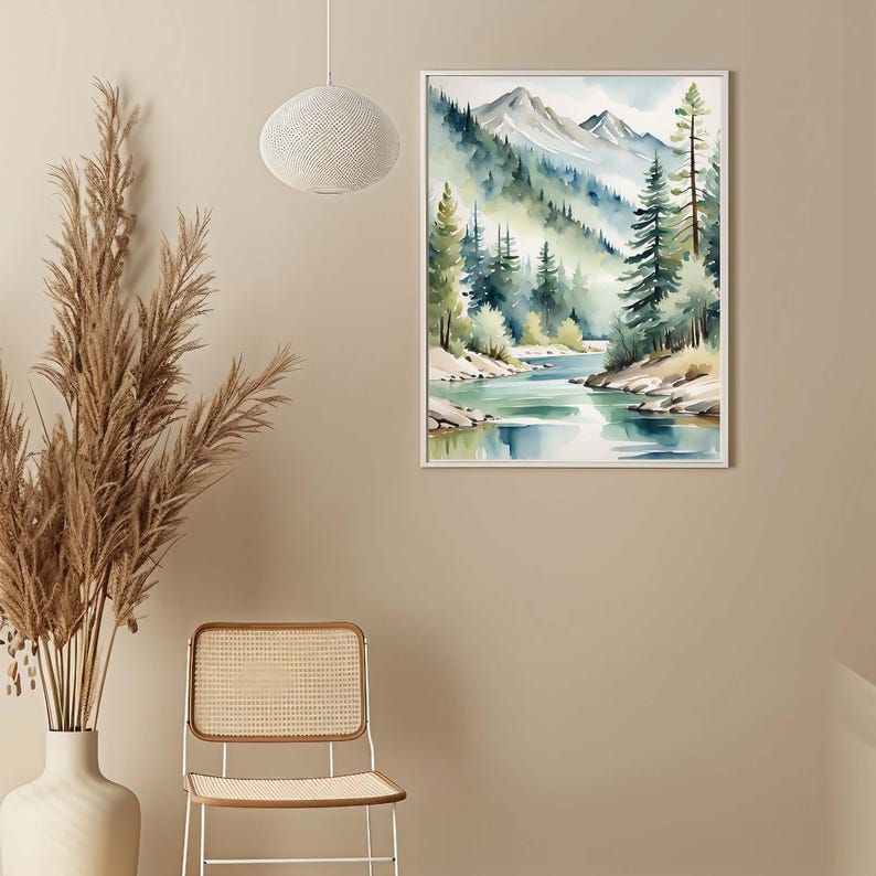 Idaho Painting Mountain River Landscape Watercolor Pine Tree Wall Art