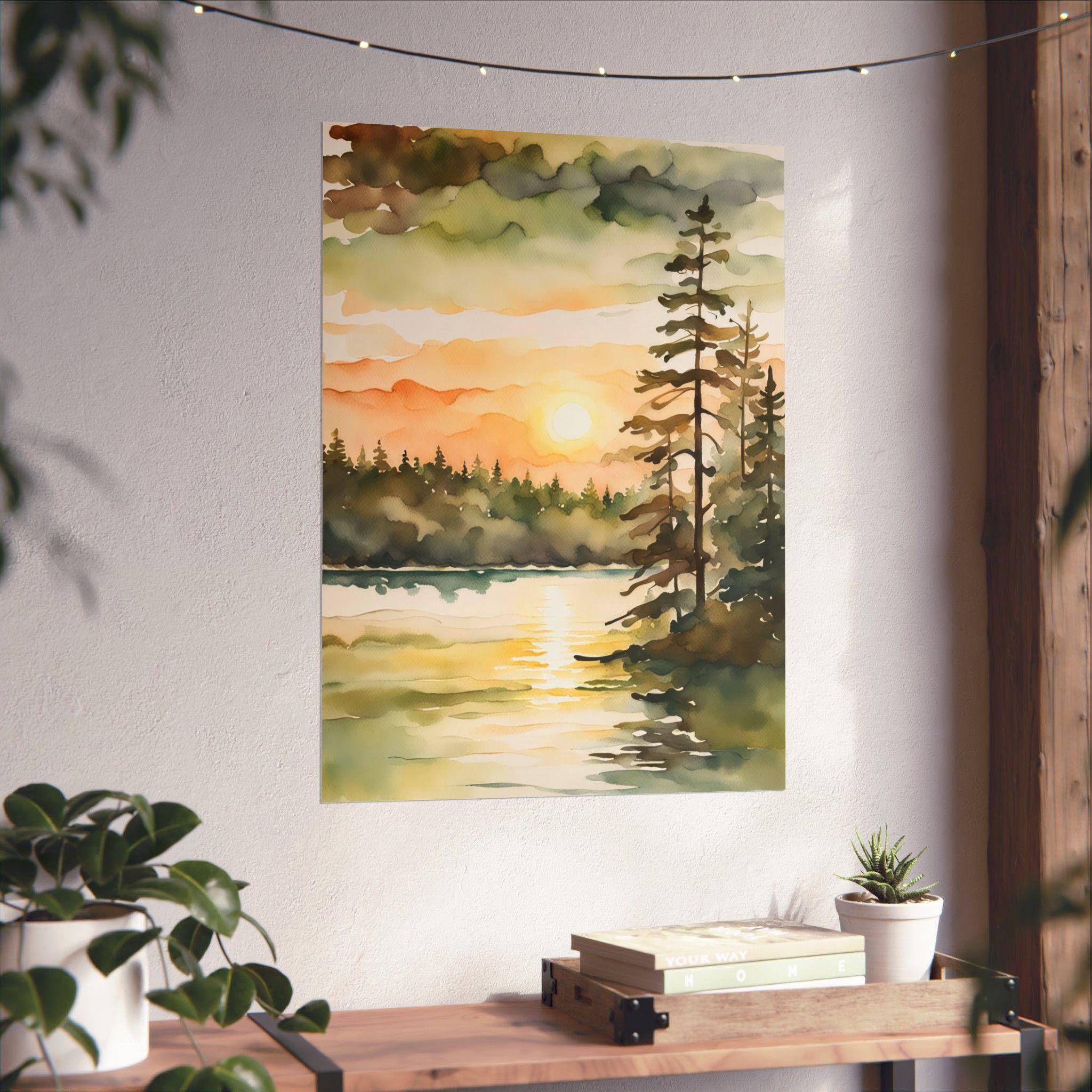 Sunrise Forest Lake Painting Neutral Landscape Michigan Art Print Pine ...