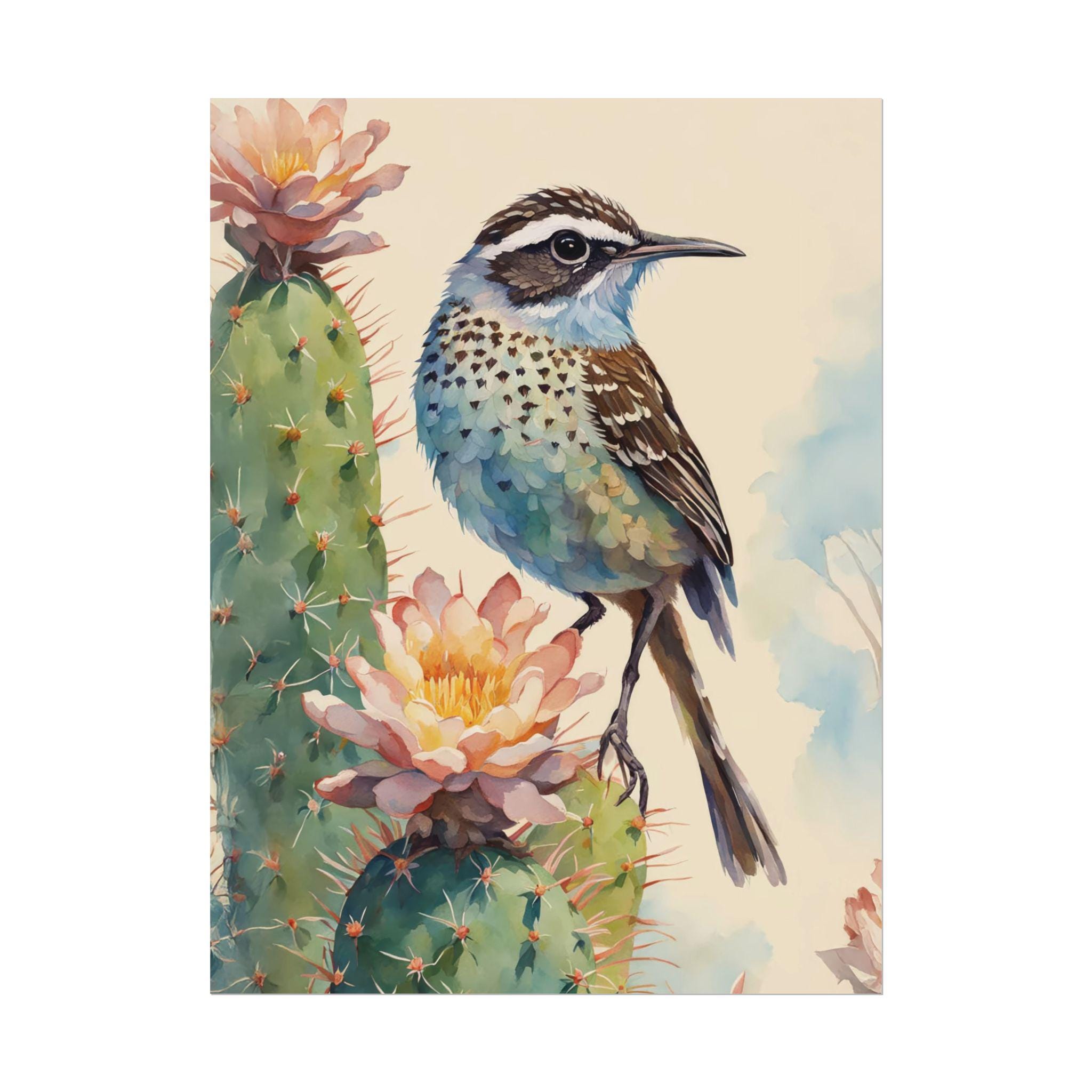 Cactus Wren Watercolor Print, Desert Floral  Spring Art, Vertical Posters Wall Art, Wildlife Nature Painting, Arizona State Bird Lover Gift