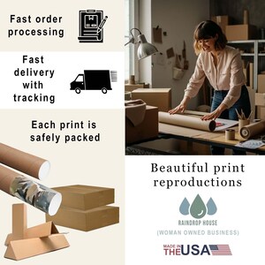 May include: A woman carefully rolls a print in a studio setting. The print is being packaged for shipping. The text "Beautiful print reproductions" is visible in the image. The text "Raindrop House (Woman Owned Business)" and "Made in the USA" are also visible in the image.