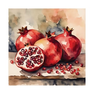 Pomegranate Fruit Kitchen Wall Art, Square Still Life Watercolor Painting Fruits PRINT from a watercolor painting - Pomegranate Slices #07