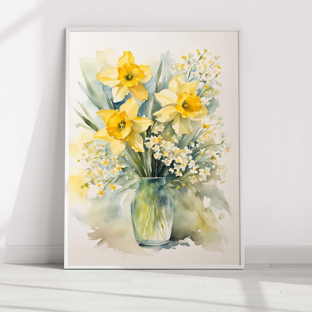 Yellow Daffodil Floral Watercolor Print, March Birth Flower Wall Art ...