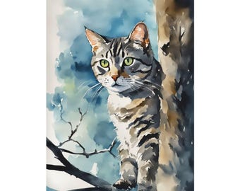 Tabby Cat In a Tree Watercolor Painting, Blue Sky, Pets Art Print Animal Wall Art Cat Poster, Family Feline Pet Print