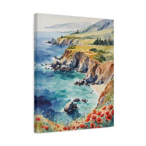 Big Sur Coastline, Red Poppy Flowers Canvas Art Print Watercolor Ocean Wall Art Coastal Landscape Vertical Gallery Wrap Canvas