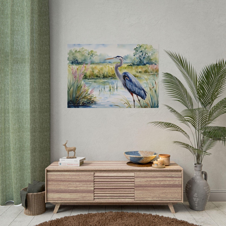 Blue Heron Wetlands Print, Marsh Watercolor Painting Art Print Spring Artwork, Floral Wall Art image 5