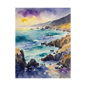 California Big Sur Beach Sunset Art Print Watercolor Ocean Wall Art Coastal Landscape Painting Gift Beach House Decor, Fine Art Giclee