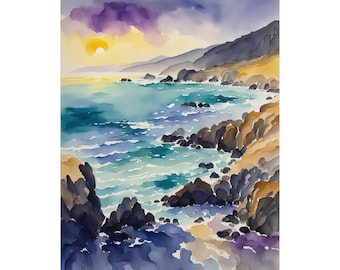 Kalifornien Big Sur Strand Sonnenuntergang Kunstdruck Aquarell Ozean Wand Kunst Küstenlandschaft Malerei Geschenk Strand Haus Dekor, Fine Art Giclée