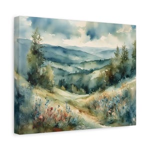 Blue Ridge Mountain Wildflowers Watercolor Canvas Wrap, North Carolina Landscape Painting Appalachian Highlands Artwork Nature Wall Art #7