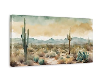 Cuadro de cactus saguaro en acuarela dorada cálida, paisaje desértico de Sonora, Arizona, California y México.