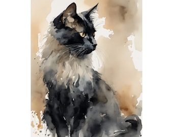 Black Cat Watercolor Painting Pets Art Print Animal Wall Art Cat Poster - Black Cat #08