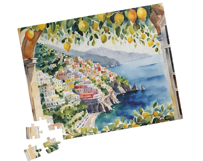 Jigsaw Puzzle | Amalfi Coast Positano Italy, Watercolor Travel Gift (110, 252, 520, 1014-piece) - Relaxing Activity, Italian Lemon Tree