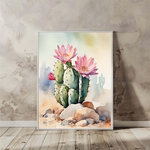Impression d'Art aquarelle fleurs de cactus oeuvre d'art florale cactus Art mural cactus en fleurs rose impression de peinture à l'aquarelle - cactus #01