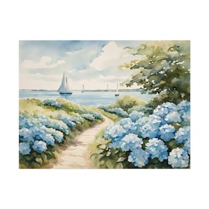 Path of Cape Cod Coastal Print, Blue Hydrangea Nantucket Massachusetts Watercolor Painting Art Sailboat Artwork, Floral Nautical Wall Art