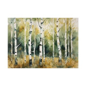 Late Summer Birch Trees Watercolor Print Forest Painting Green Gold Nature Art Print Birches Forest Landscape Neutral Wall Art