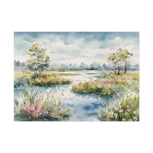 Blooming Landscape Spring Time Marsh Painting Print | Carolina Lowcountry Coastal Watercolor Painting Wall Art Print | Pastel Floral Poster