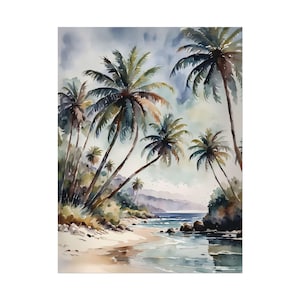 Palm Trees Watercolor Painting, Coastal Beach Print Art Poster, California Florida Ocean Wall Art