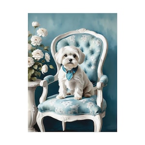White Maltese Dog, Vintage Art Print - Blue Floral Chair, Dog Lover Poster Unique Gift, Pet Portrait Watercolor Painting, Giclee Wall Art