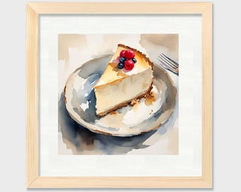 Slice of Cheesecake Watercolor Painting Bakery Dessert Wall Art Print Square Kitchen Wall Art
