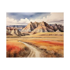 Badland North Dakota Watercolor Print, Mountains Art Print Autumn Fields Meadows Artwork Travel Poster