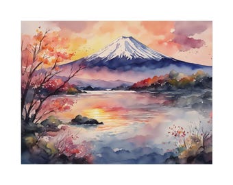 Mount Fuji Painting Japan Watercolor Art Print Mountain Sunrise
