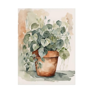 May include: Watercolor painting of a potted plant with large, heart-shaped green leaves. The plant is in a terracotta pot, set against a soft, neutral background with watercolor washes of peach and green.